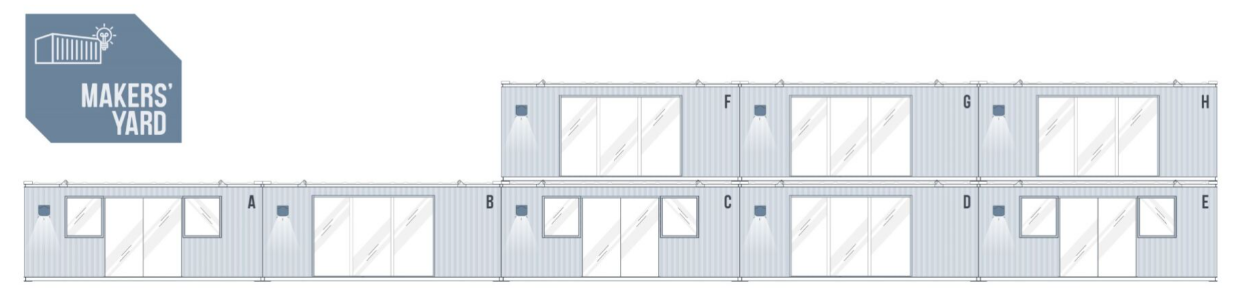 Elevational drawing of the container units that comprise Makers' Yard.