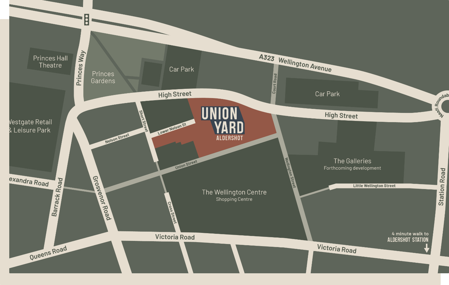 Map of Aldershot town centre showing where Union Yard is located.