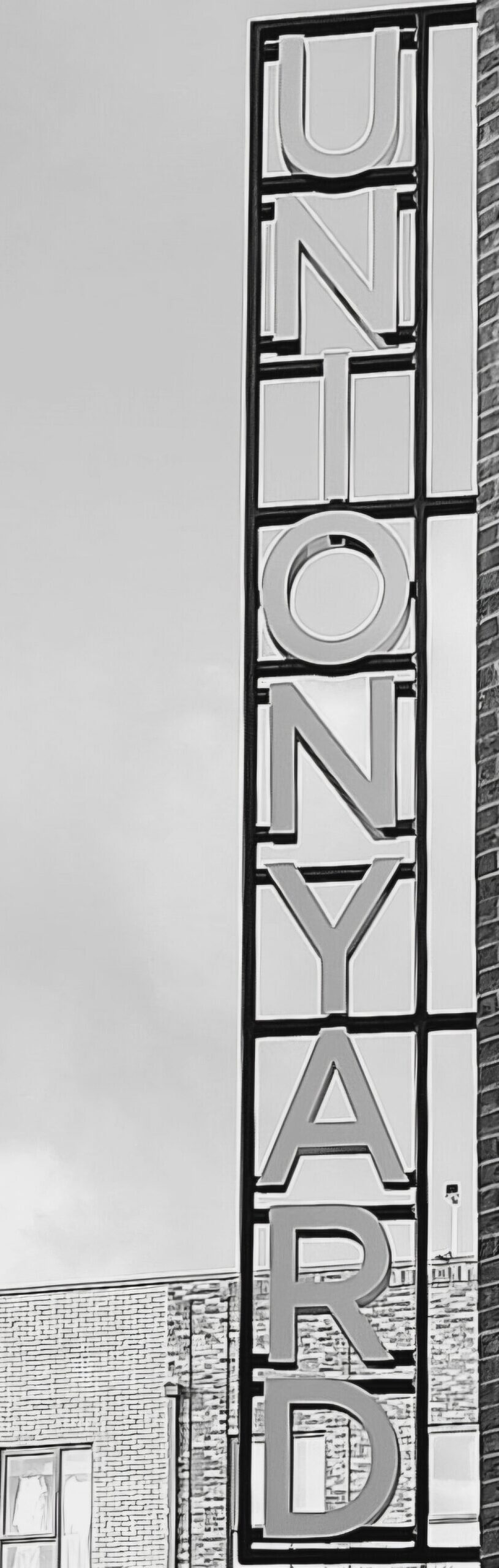 Black and white photo of Union Yard sign