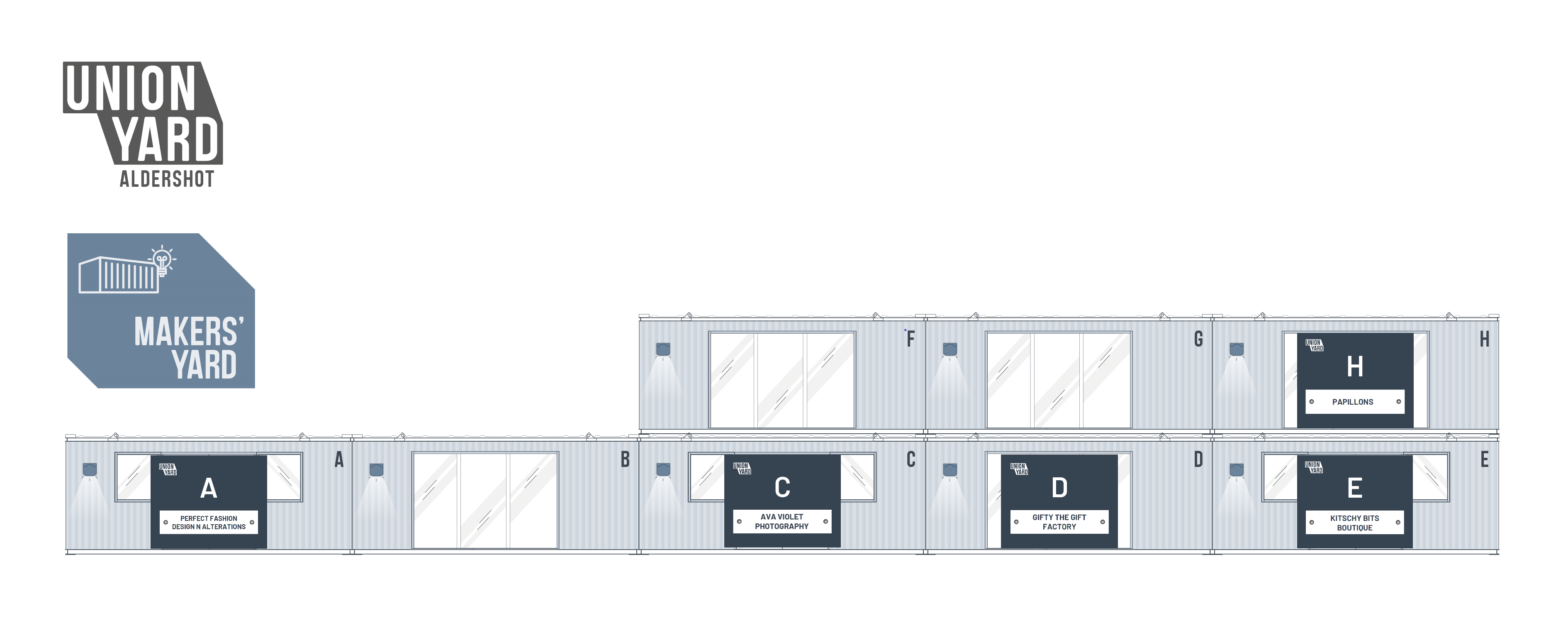 Site map of Makers' Yard at Union Yard, Aldershot listing container unit tenants